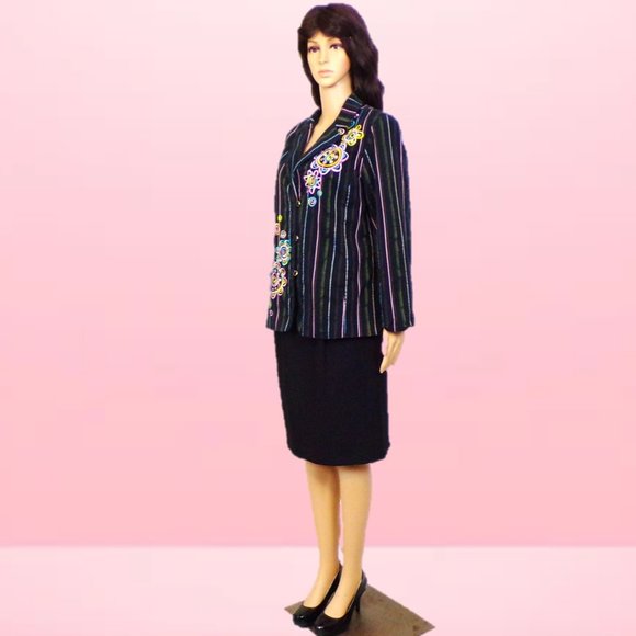 BOB MACKIE WEARABLE ART size M blazer black + multicolor stripes & embroidery - Picture 10 of 16
